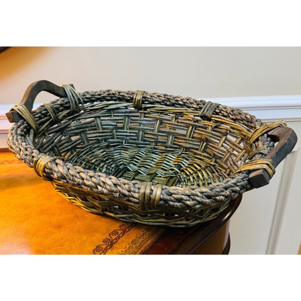 Boho Olive Green Wicker Bamboo Braided Extra Large Oval Basket w Wooden Handles